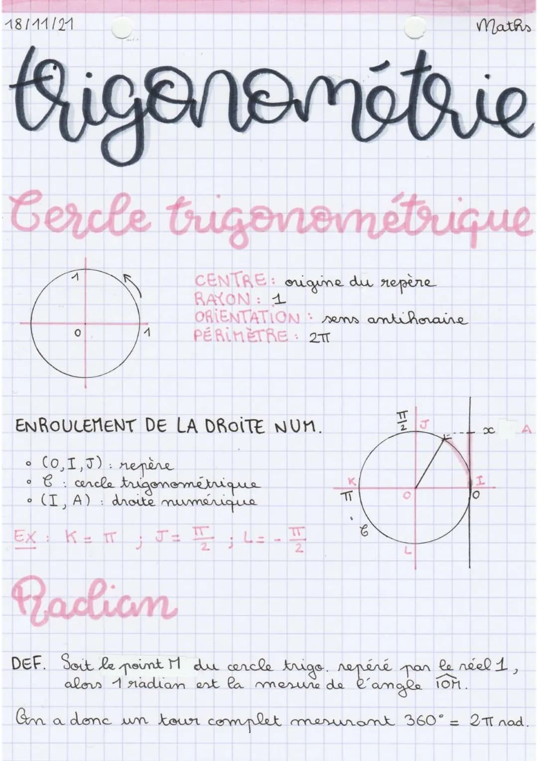 18/11/21
trigonométrie
Cercle trigonométrique
CENTRE: origine du repère
RAYON: 1
0
1
:
ENROULEMENT DE LA DROITE NUM.
• (0,1,J): repère
• C: 