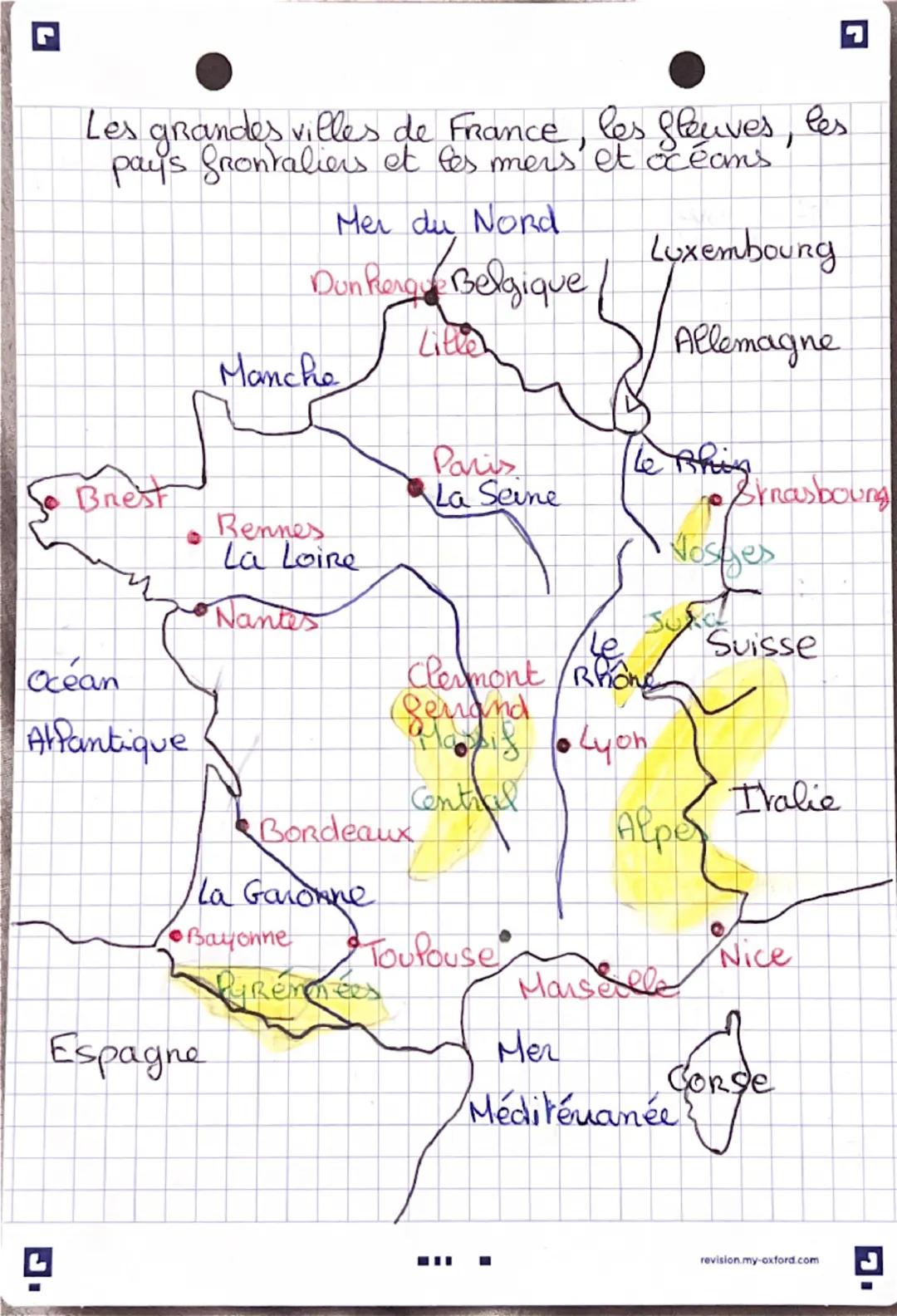 --- OCR Start ---
Les grandes villes de France, les fleuves, les
pays frontaliers et les mers et océans
Mer du Nord
Dunflergy Belgique
Luxem