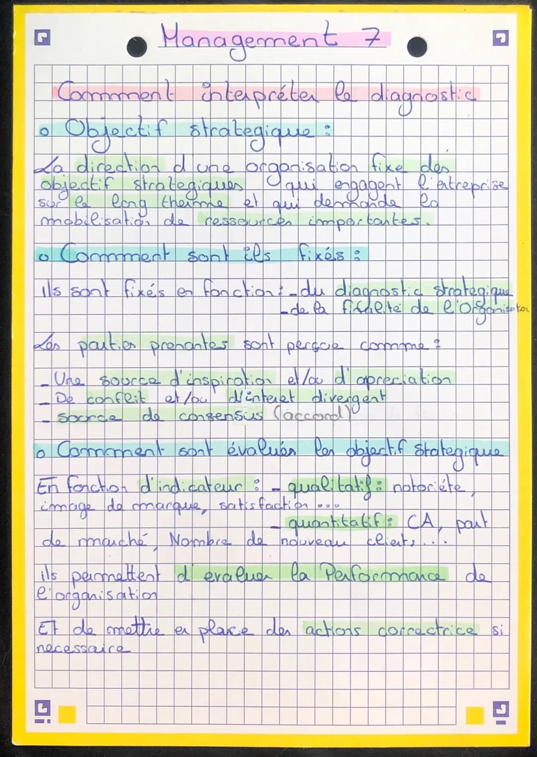 Management 7
Comment interpréter le diagnostic
Objectif strategique :
La direction d une organisation fixe des
strategiques qui engagent l'e