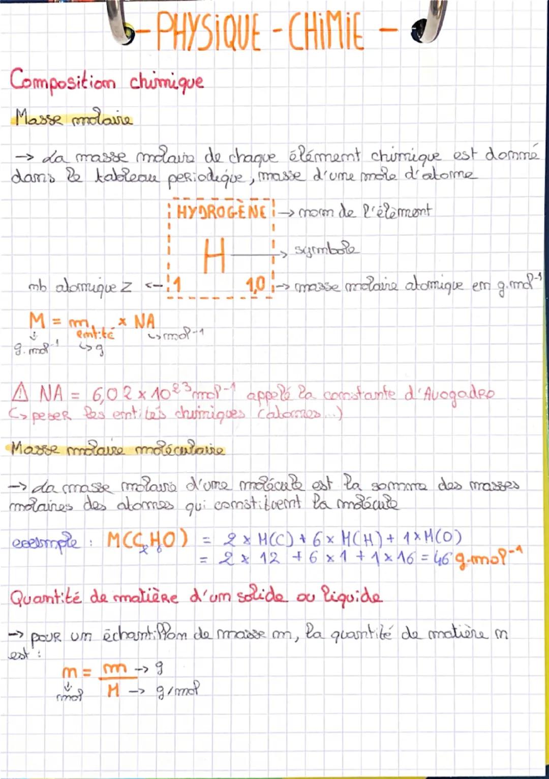 # -PHYSIQUE-CHIMIE -

Composition chimique

Masse molaire

→ da masse molaire de chaque élément chimique est domme
dans le tableau periodiqu