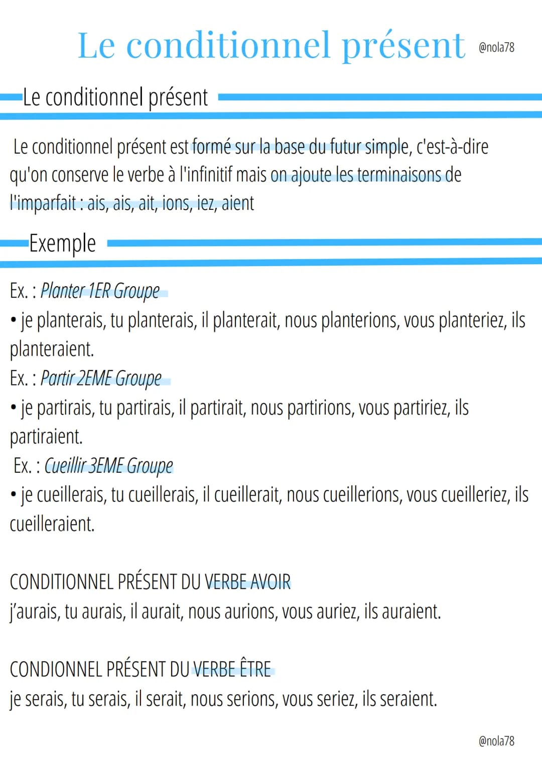 Le conditionnel présent
Le conditionnel présent
Le conditionnel présent est formé sur la base du futur simple, c'est-à-dire
qu'on conserve l