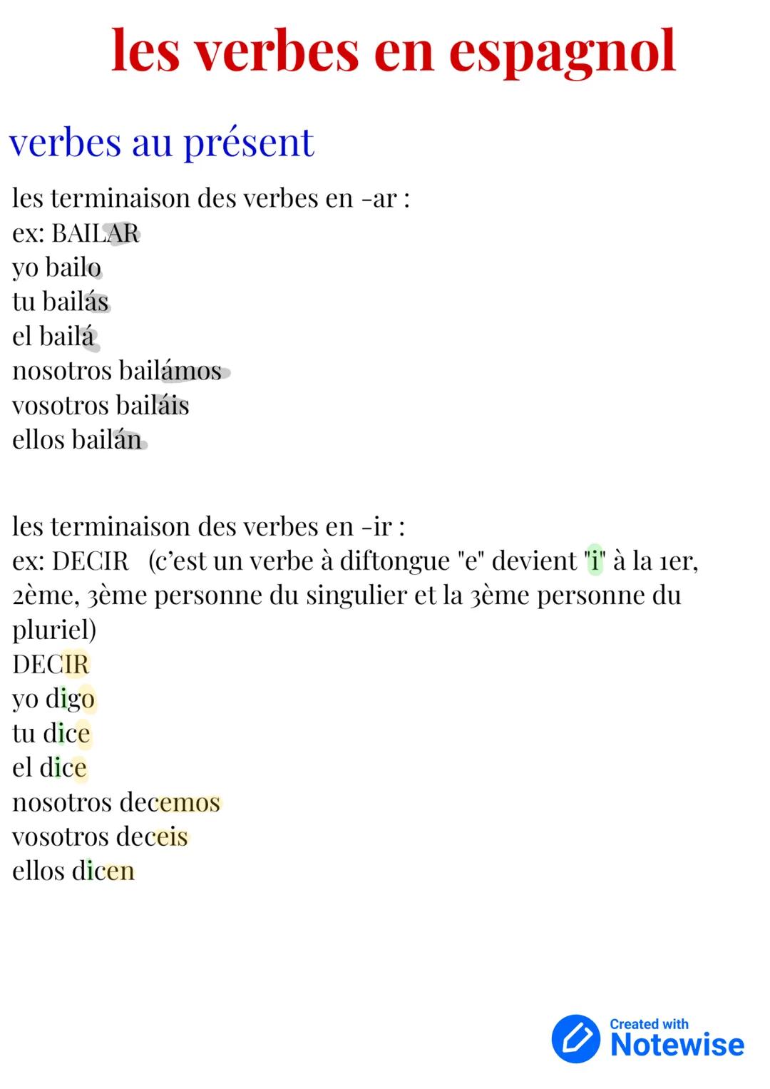 les verbes en espagnol
verbes au présent
les terminaison des verbes en -ar:
ex: BAILAR
yo bailo
tu bailás
el bailá
nosotros bailámos
vosotro