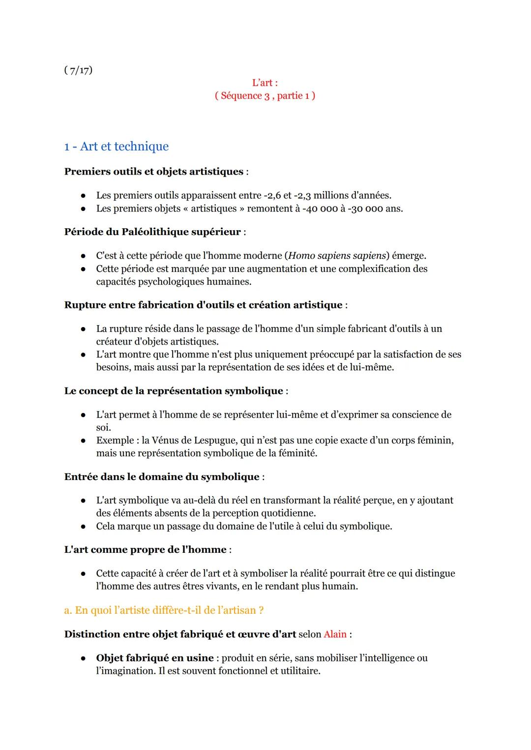 (7/17)
L'art:
(Séquence 3, partie 1)
1 - Art et technique
Premiers outils et objets artistiques :
- Les premiers outils apparaissent entre -