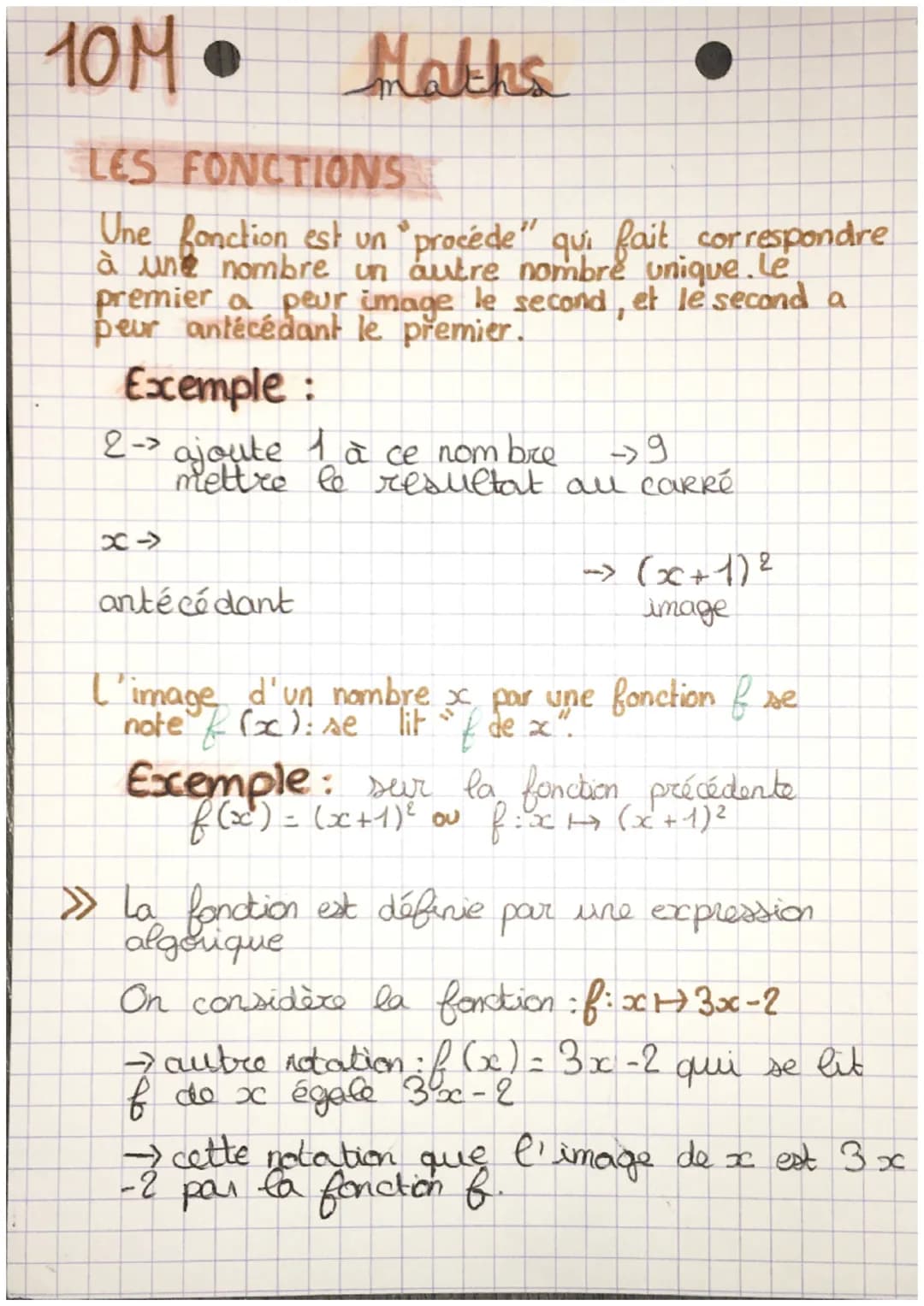 10M •
Maths
LES FONCTIONS
Une fonction est un procéde" qui fait correspondre
à une nombre un autre nombre unique. Le
premier a peur image le