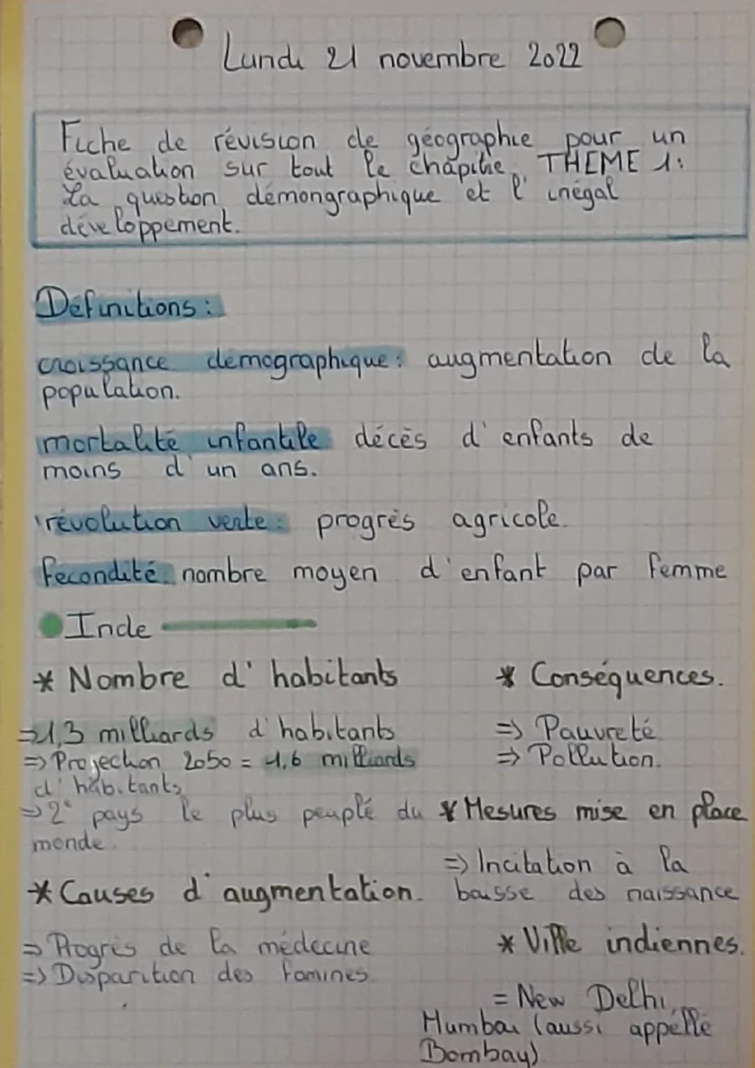 Lundi 21 novembre 2022
Fiche de révision de géographie pour un
évaluation sur tout le chapitie THEME 1:
La question demongraphique et l' iné