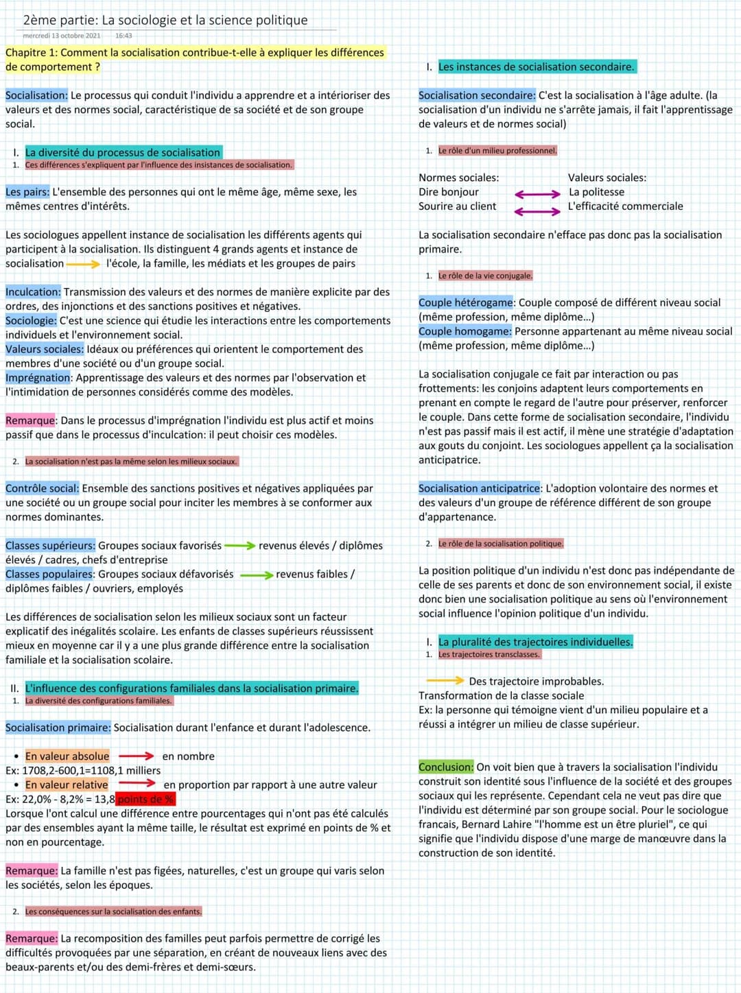 2ème partie: La sociologie et la science politique
mercredi 13 octobre 2021 16:43
Chapitre 1: Comment la socialisation contribue-t-elle à ex