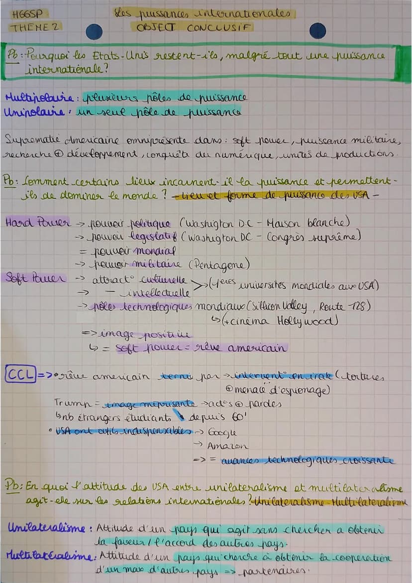 H66SP
THEME 2
Les puissances internationales
OBJECT CONCLUSIFI
Pb: Pourquoi les Etats-Unis restent-ils, malgré tout une puissance
internatio