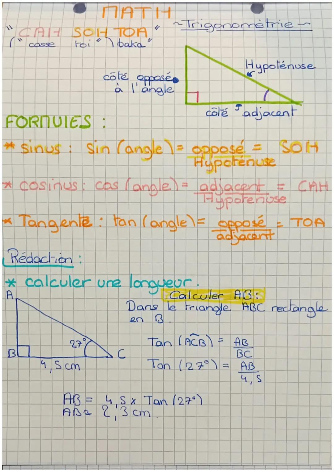 Apprends la trigonométrie : calcul des angles et longueurs dans un triangle rectangle