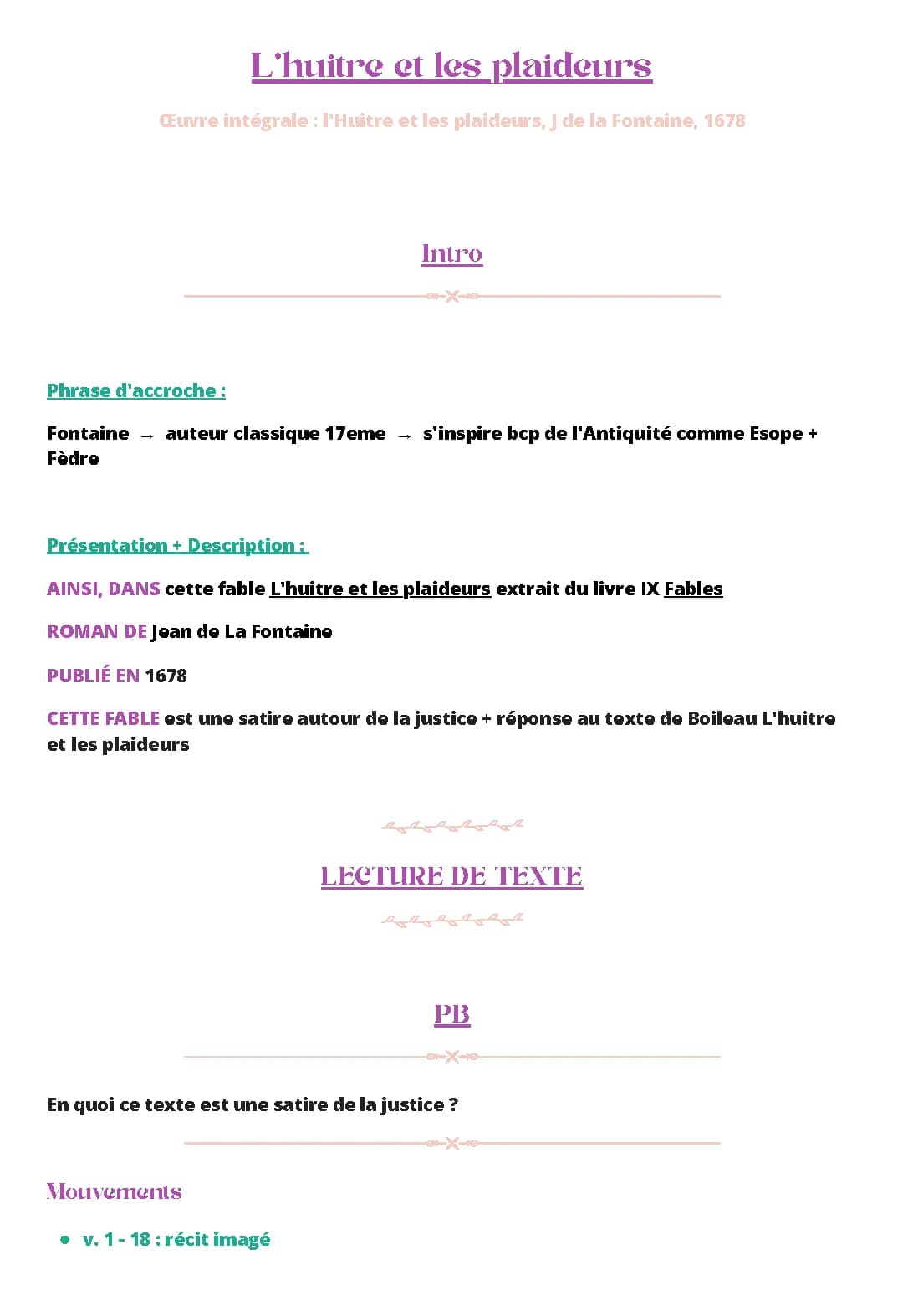 Fable L'Huitre et les plaideurs de La Fontaine avec texte