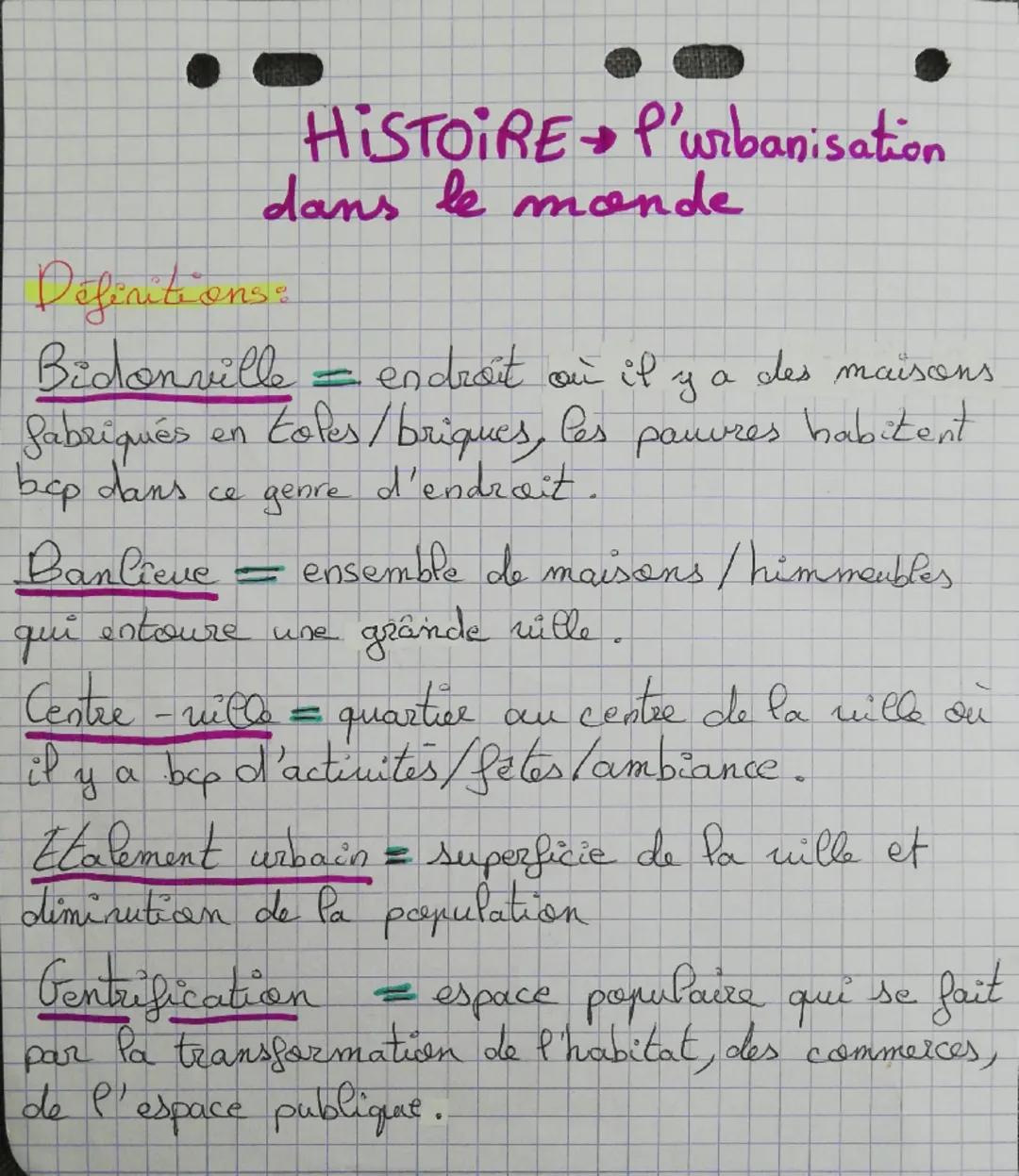 HISTOIRE P'urbanisation
->
dans le monde
Definitions:
Bidonville
endroit on if
des maisons
да
fabriqués en totes/briques, les
pauvres
habite