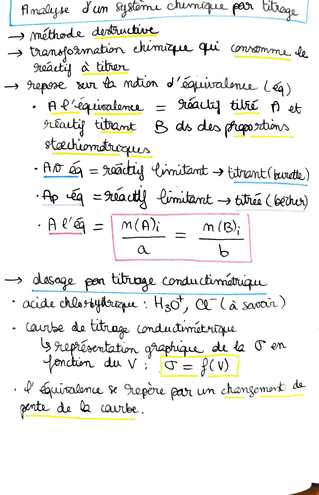 Analyse d'un système chimique par titrage
→ méthode destructive
→ transformation chimique qui consomme. He
reactif à titrer
→ repose sur la 