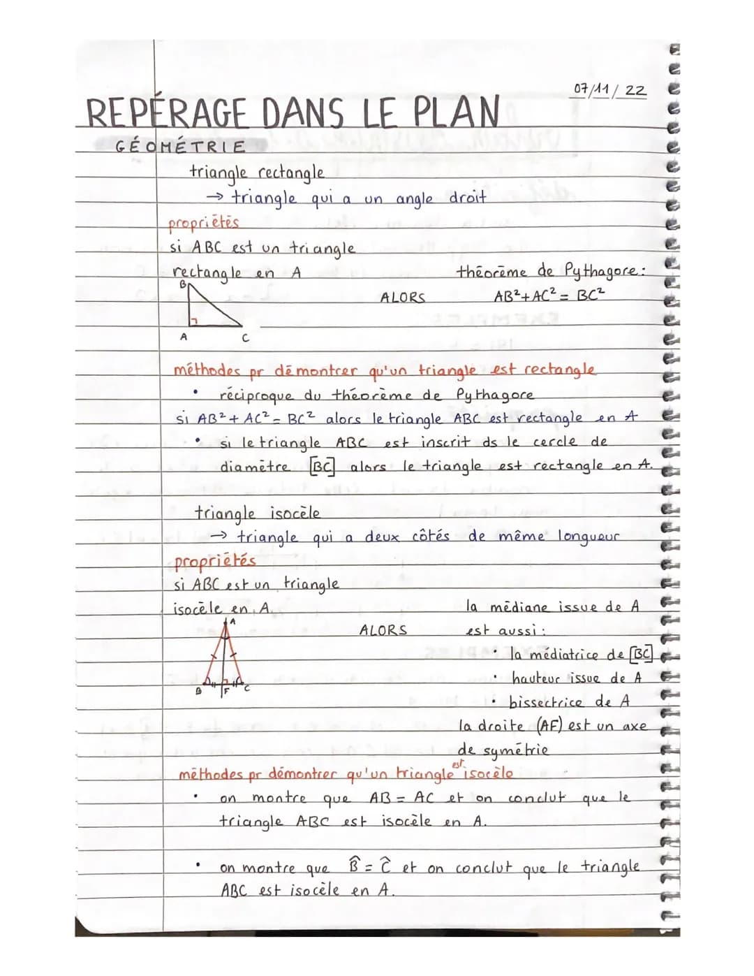REPÉRAGE DANS LE PLAN
GÉOMÉTRIE
triangle rectangle
A
propriétés
si ABC est un triangle
rectangle en
●
triangle qui a un angle droit
méthodes