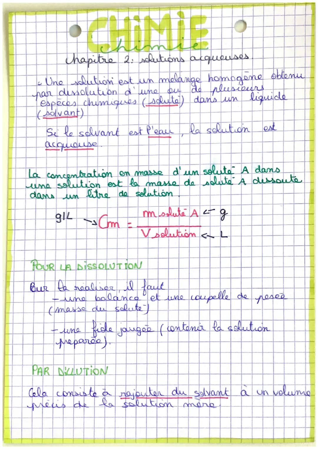 • CHIMIE
chapitre 2: solutions acqueuses.
3
- Une solution est un melange homogène obtenu
par dissolution d'une ou de plusieurs
espèces chim