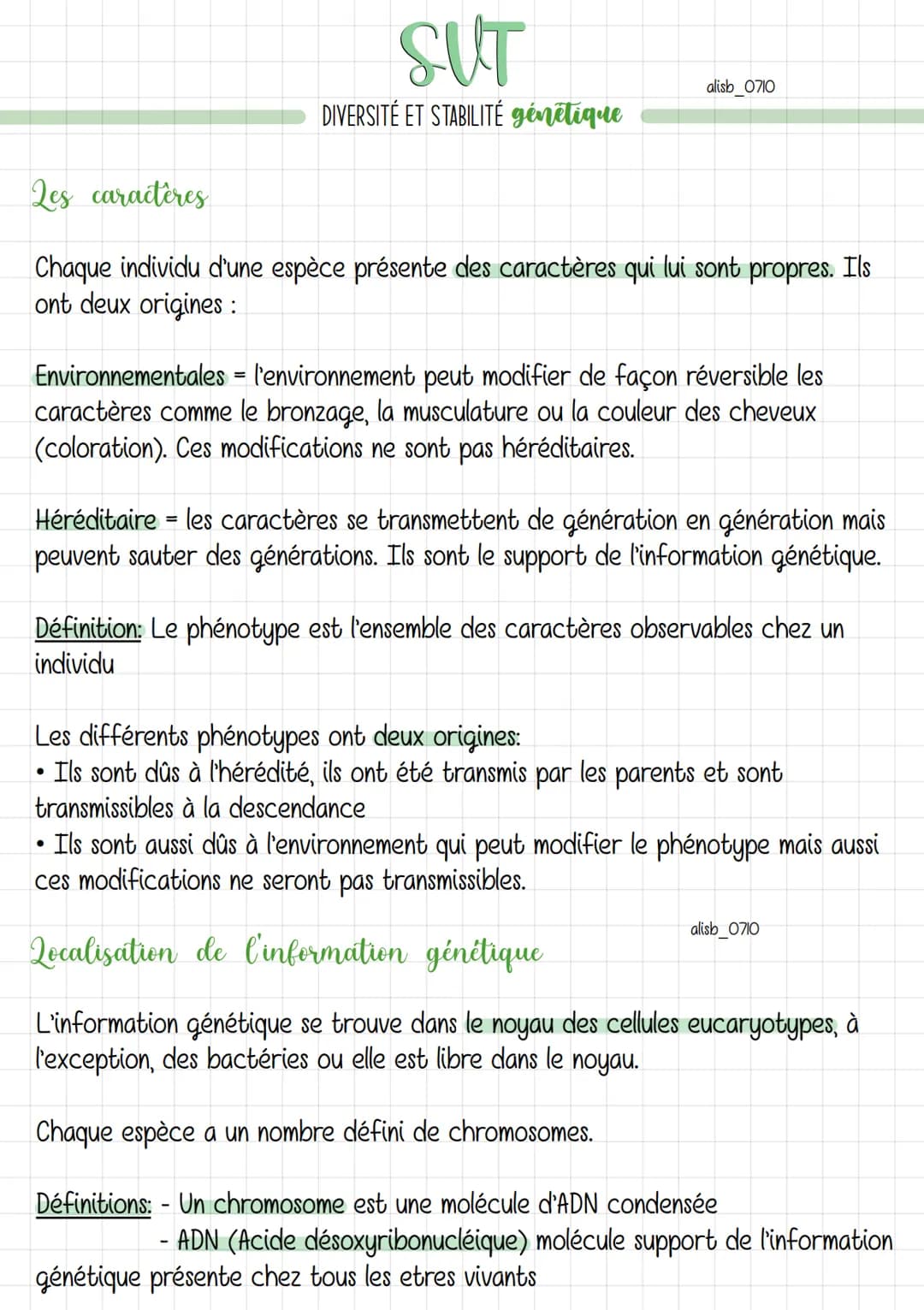 SUT
DIVERSITÉ ET STABILITÉ génétique
alisb_0710
Les caractères
Chaque individu d'une espèce présente des caractères qui lui sont propres. Il