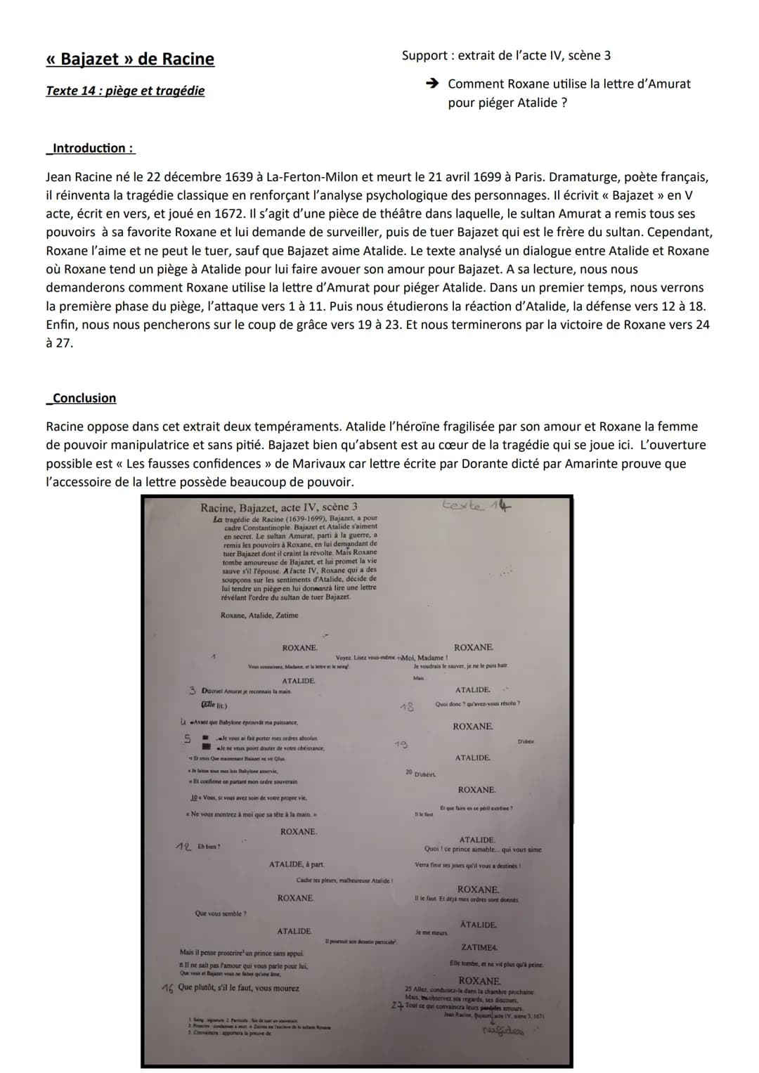 << Bajazet » de Racine
Texte 14: piège et tragédie
Introduction :
Conclusion
Jean Racine né le 22 décembre 1639 à La-Ferton-Milon et meurt l