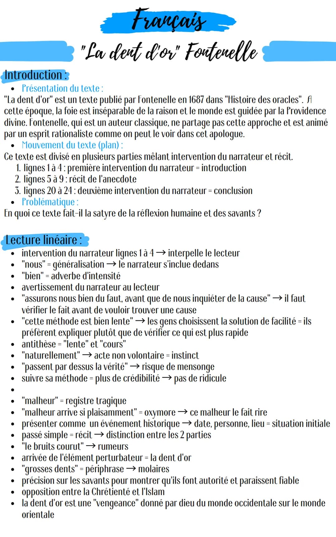 Introduction:
Présentation du texte :
"La dent d'or" est un texte publié par Fontenelle en 1687 dans "Histoire des oracles". A
cette époque,