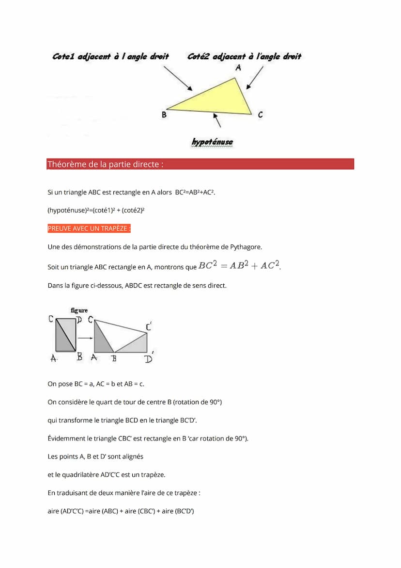Le théorème de Pythagore avec un cours de maths en 4ème faisant intervenir la partie directe et
réciproque du théorème ainsi que la racine c