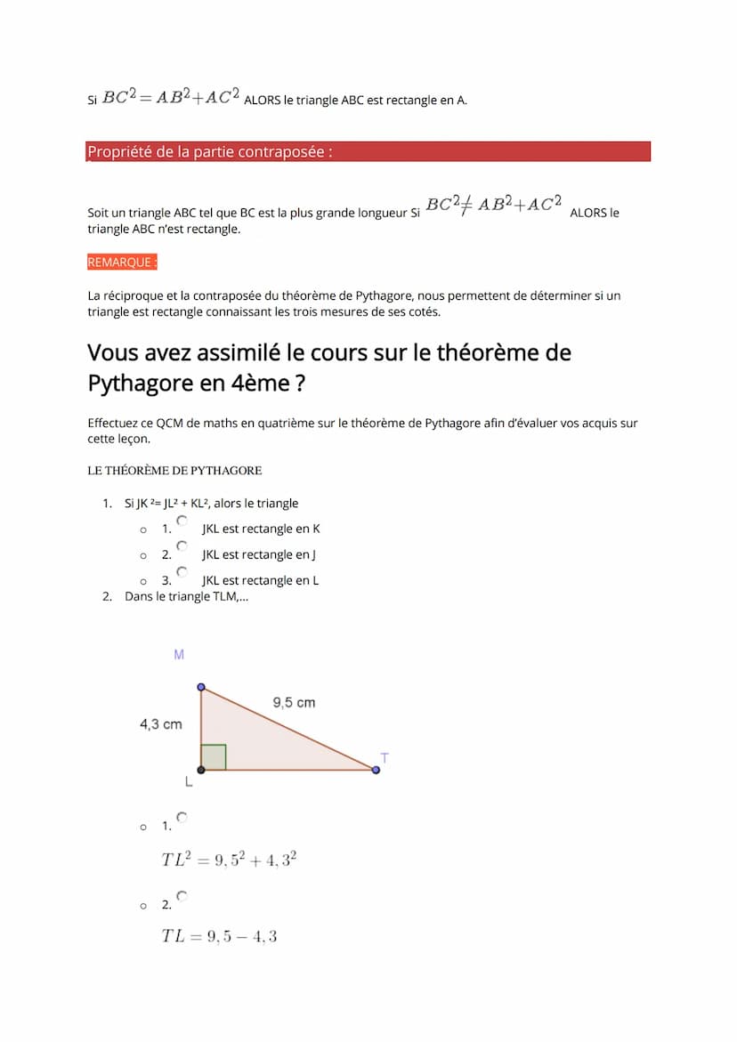 Le théorème de Pythagore avec un cours de maths en 4ème faisant intervenir la partie directe et
réciproque du théorème ainsi que la racine c