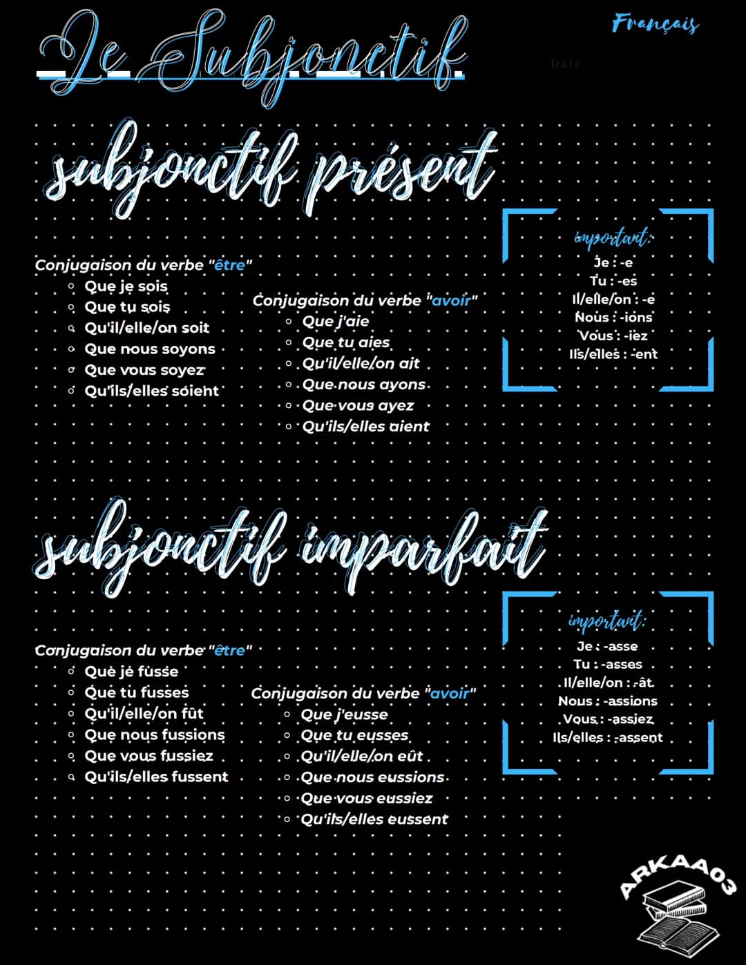 De Subjonctif
subjonctif présent
Conjugaison du verbe "être"
Que je sois
o Que tu sois
Qu'il/elle/on soit
Que nous soyons
o Que vous soyez
Q