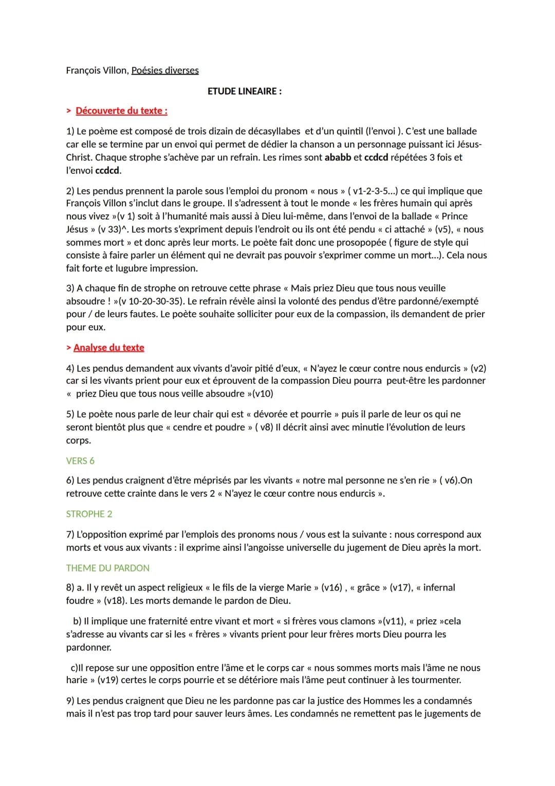 François Villon, Poésies diverses
ETUDE LINEAIRE:
> Découverte du texte :
1) Le poème est composé de trois dizain de décasyllabes et d'un qu