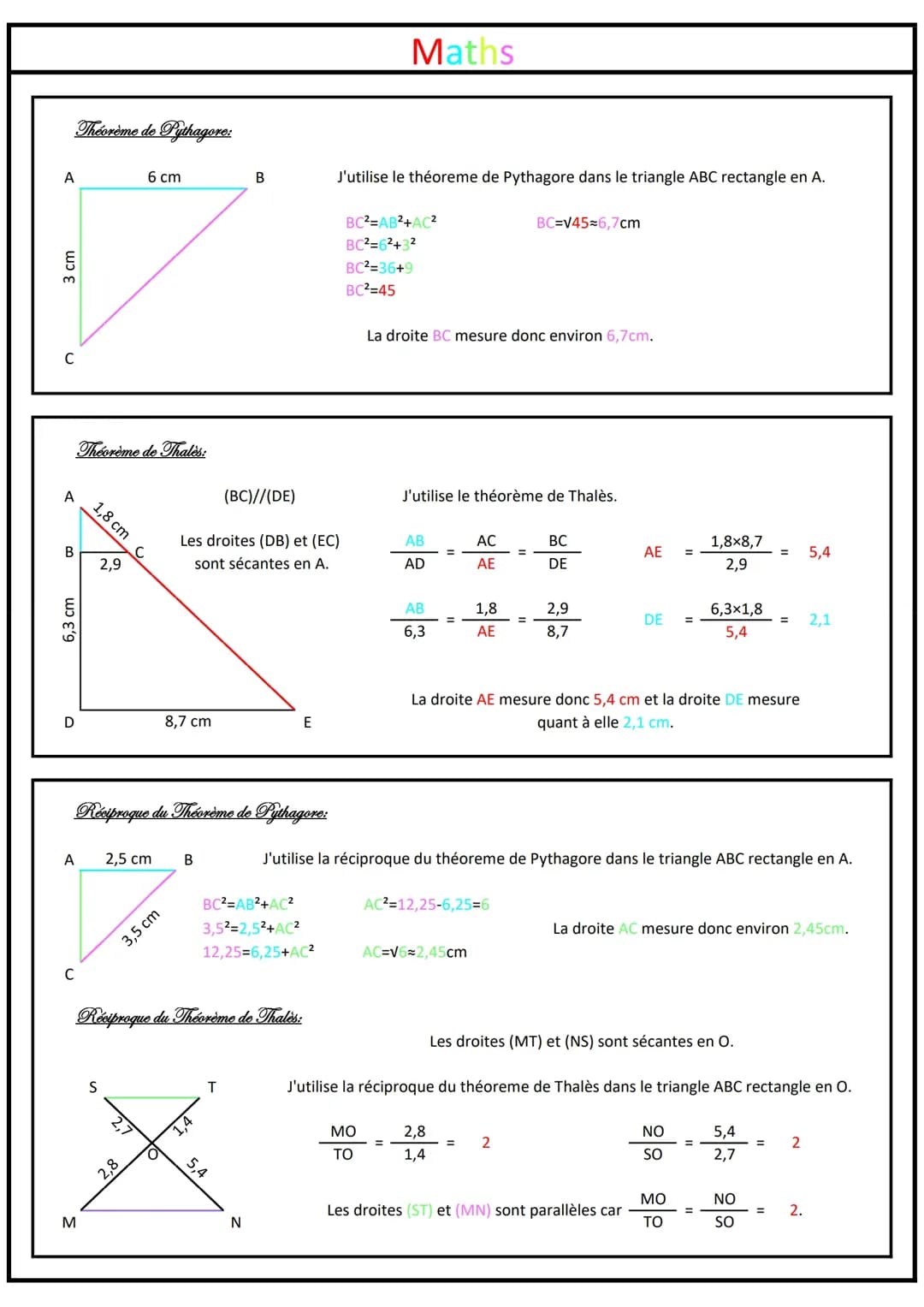 fiche mémo sur la trigonométrie, les fonction ainsi que le théorème de Pythagore, de Thales et leurs réciproques