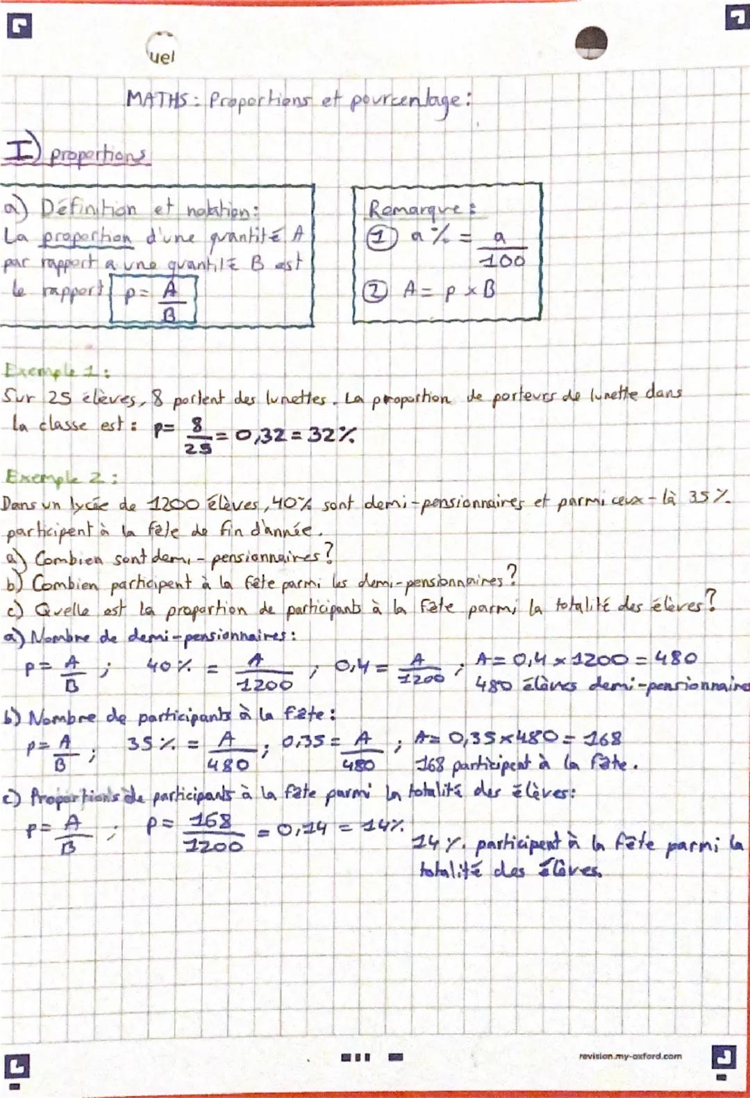 G
uel
MATHS: Proportions et pourcentage:
I) proportions
a) Définition et nalation:
La proportion d'une quantité A
par rapport a une quantile