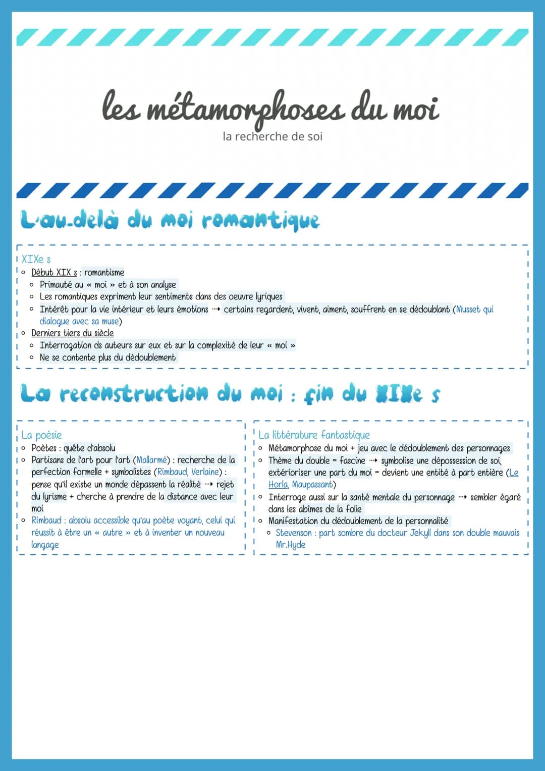 ୮
I XIXe s
les métamorphoses du moi
la recherche de soi
L'au-delà du moi romantique
lo Début XIX s: romantisme
I
I
I
I
I
10 Derniers tiers d