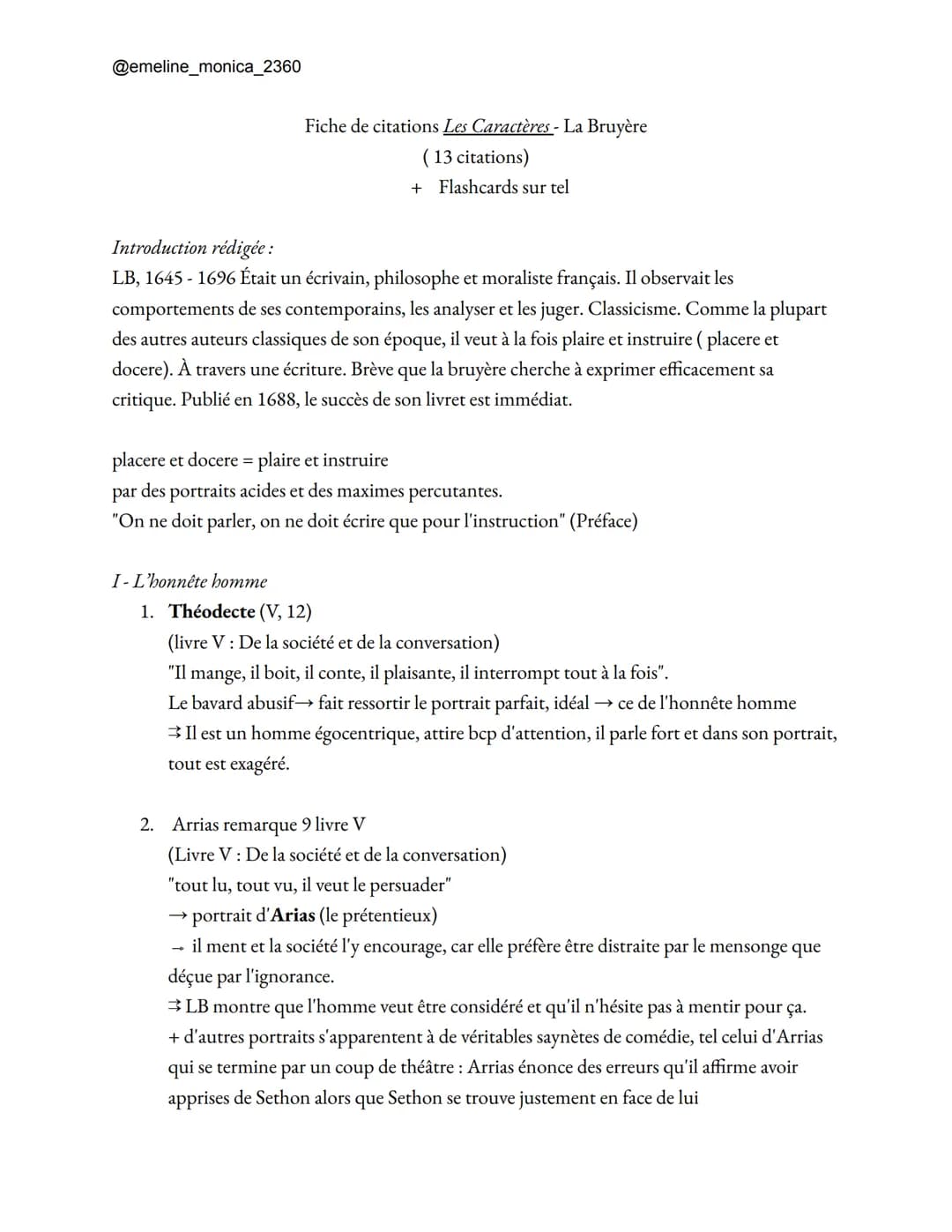 @emeline_monica_2360
Fiche de citations Les Caractères - La Bruyère
(13 citations)
+ Flashcards sur tel
Introduction rédigée:
LB, 1645 - 169