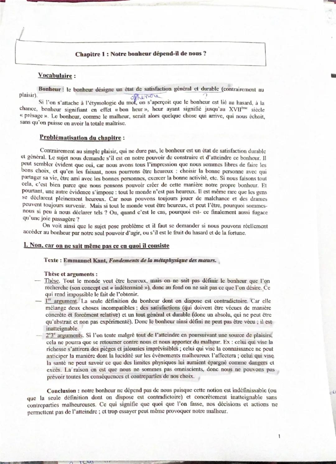 plaisir).
Vocabulaire:
Chapitre 1: Notre bonheur dépend-il de nous ?
Bonheur le bonheur désigne un état de satisfaction général et durable (