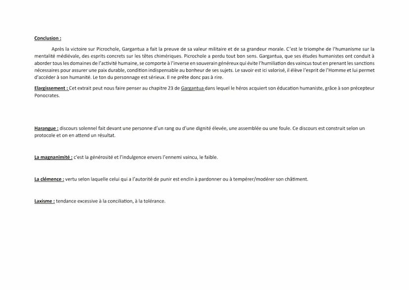 Français Texte 13: Gargantua, Rabelais (1534), Chapitre 50, « La harangue de Gargantua au vaincus >>
Texte :
Analyse:
I) 1.1 à l.11: La bien