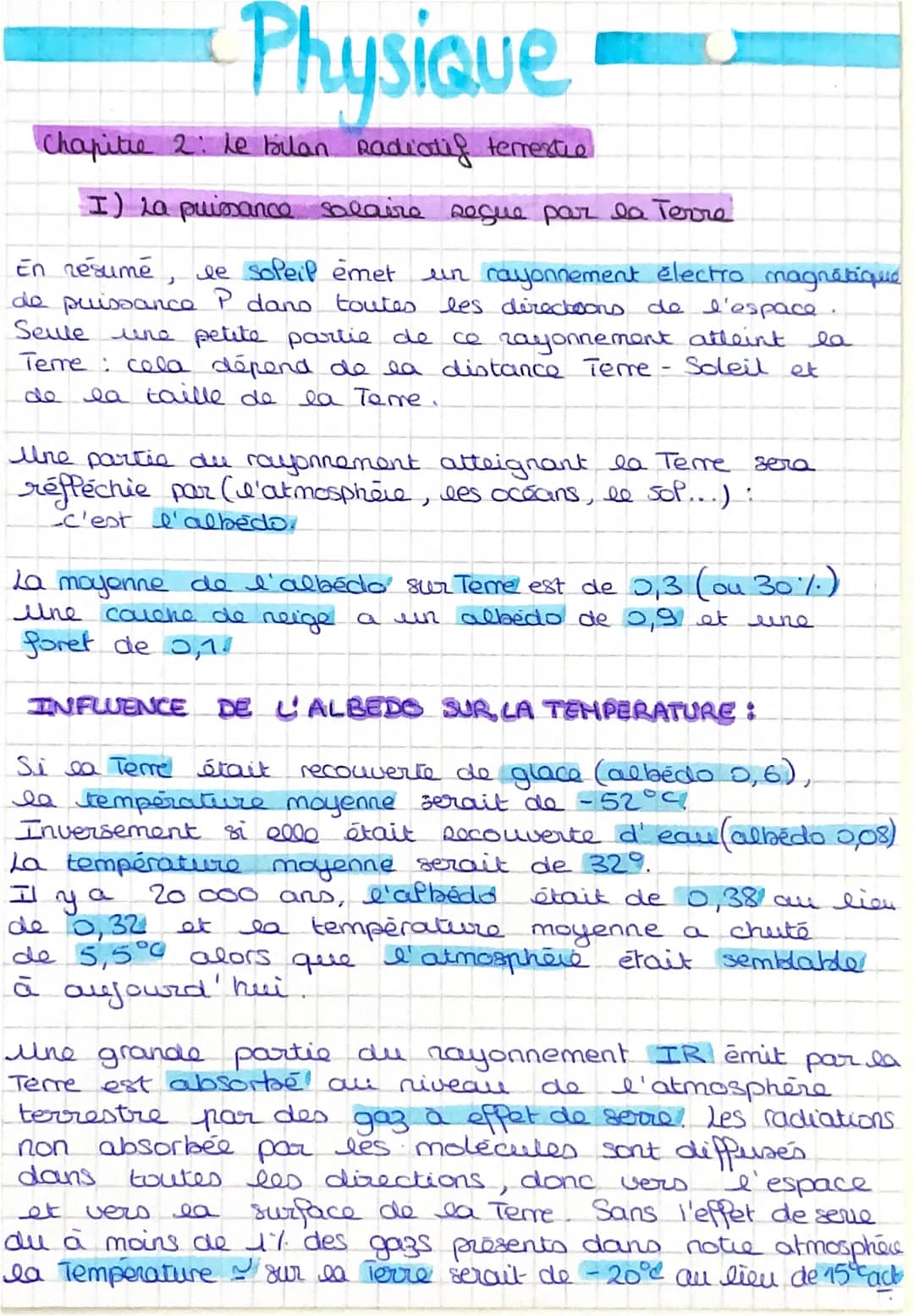 Physique
Chapitie 2: Le bilan Radiatif terrestia.
I) La puissance salaire segue par la Terre
En résumé, le soleil emet un rayonnement electr