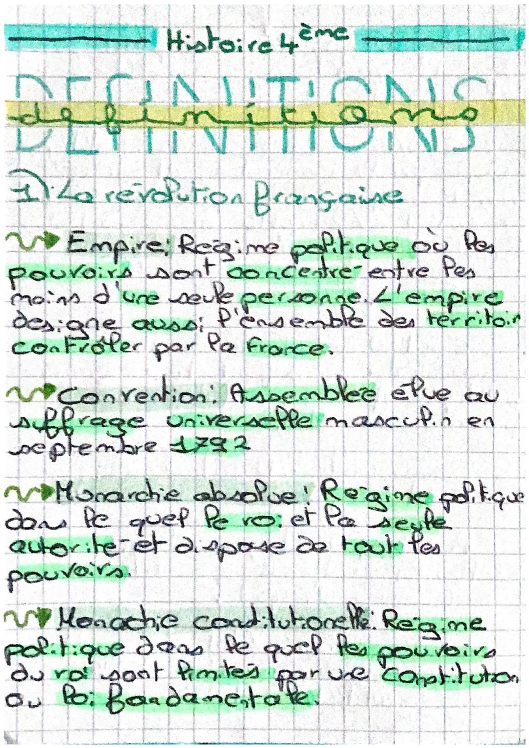 Histoire 4ème

BERNITIONS

I La revolution Brançaise

Empire Regime politique ou Pes
pouvoirs sont concentre entre Pes
mains d'une seule per