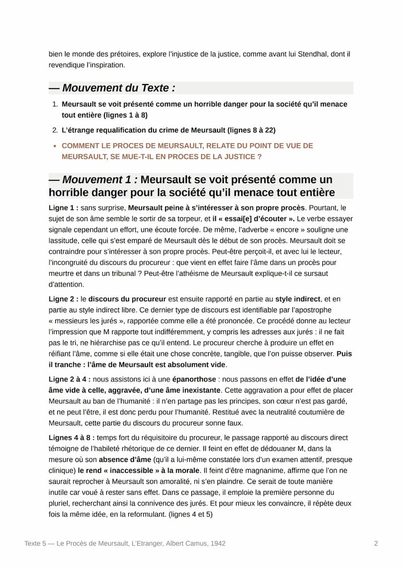 Texte 5- Le Procès de Meursault,
L'Etranger, Albert Camus, 1942
Texte :
Et j'ai essayé d'écouter encore parce que le procureur s'est mis à p