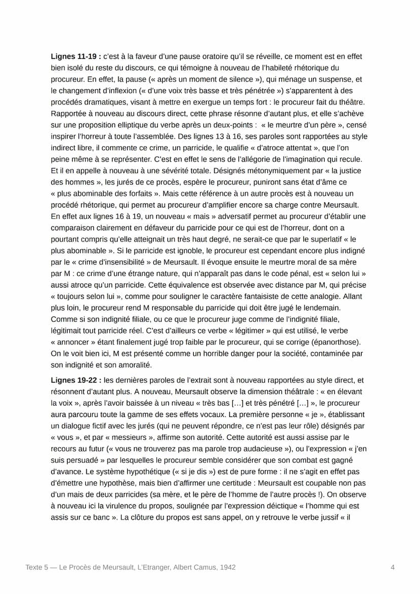 Texte 5- Le Procès de Meursault,
L'Etranger, Albert Camus, 1942
Texte :
Et j'ai essayé d'écouter encore parce que le procureur s'est mis à p
