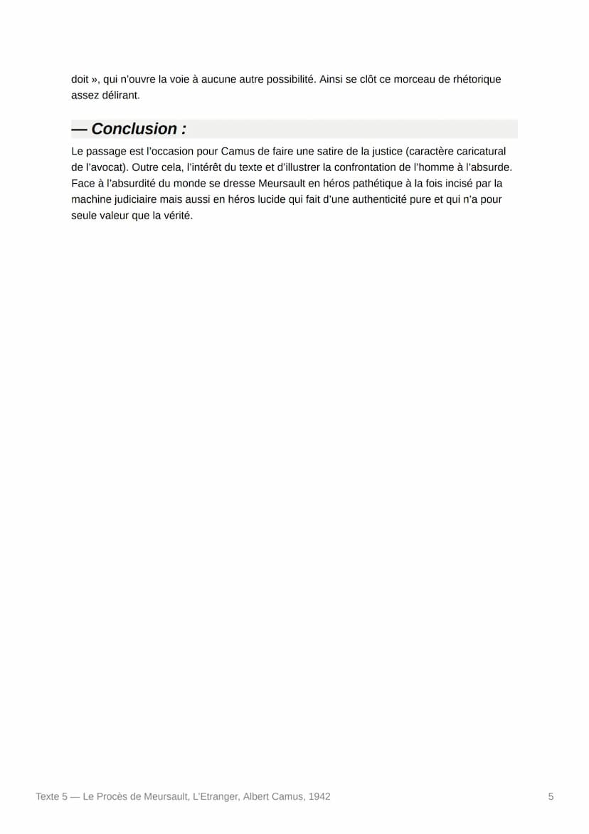 Texte 5- Le Procès de Meursault,
L'Etranger, Albert Camus, 1942
Texte :
Et j'ai essayé d'écouter encore parce que le procureur s'est mis à p