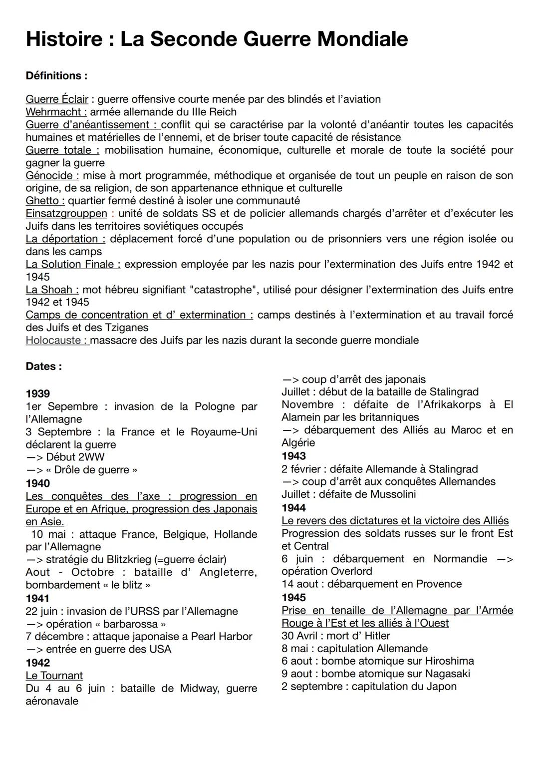 # Histoire: La Seconde Guerre Mondiale

Définitions :

Guerre Éclair: guerre offensive courte menée par des blindés et l'aviation
Wehrmacht:
