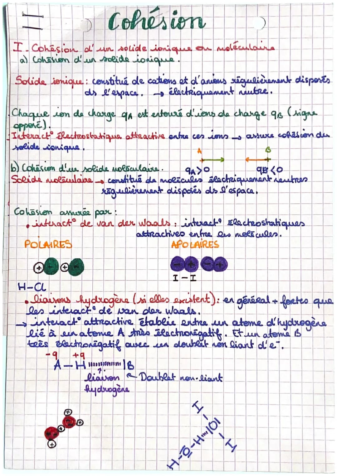 ]]
Cohesion
I-Cohesion d'un solide ionique on moléculaire
a) Cohesion d'un solide conique.
Solide ionique: constitué de cations et d'amous r