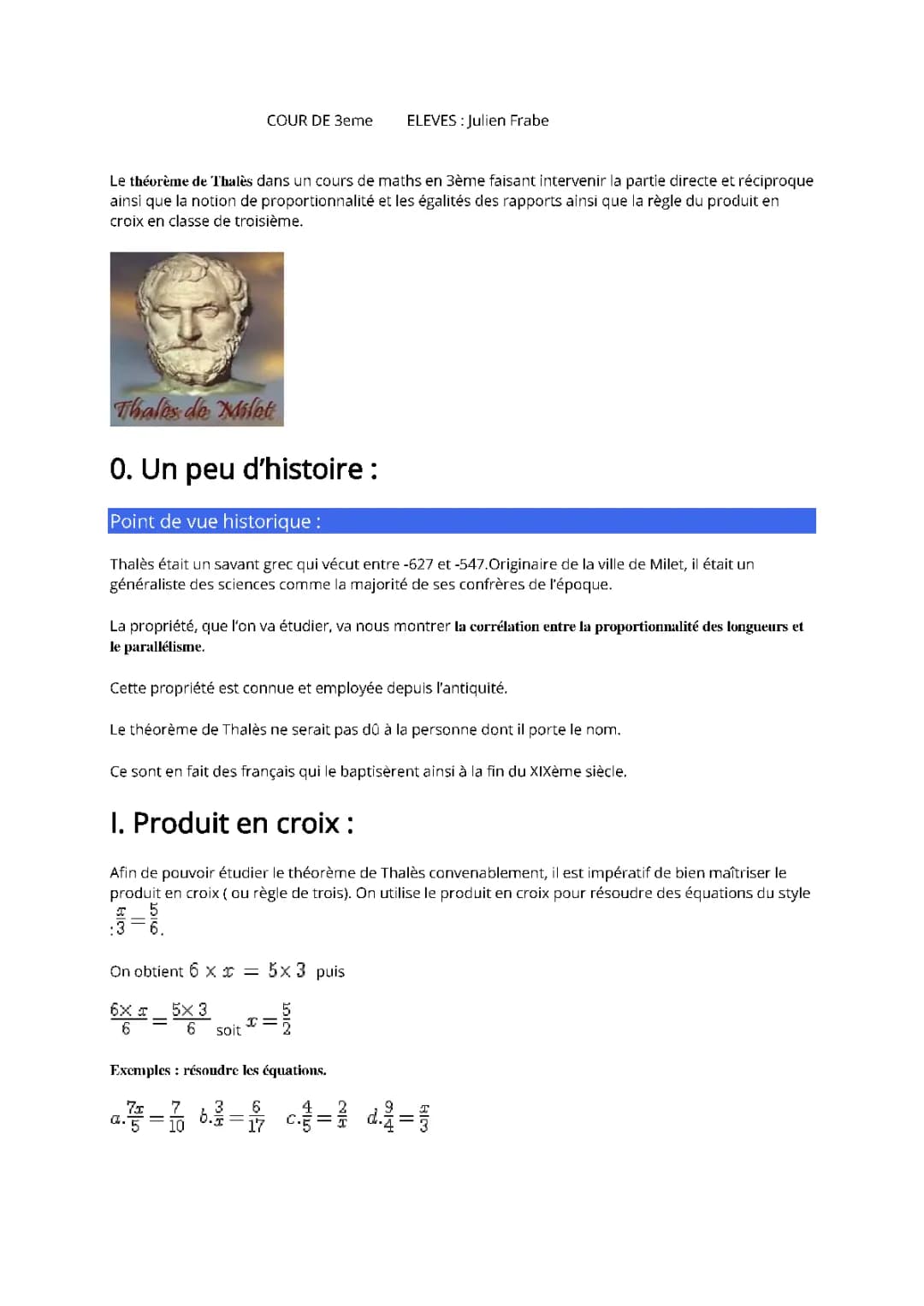 Cour Theoreme de Thales pour 3 eme