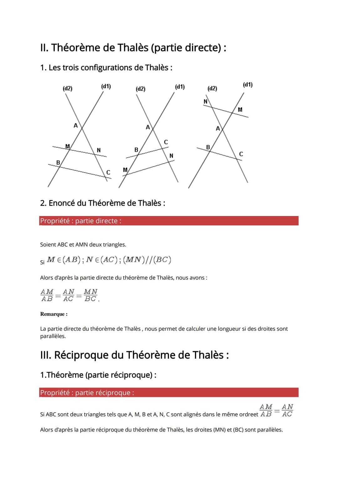 COUR DE 3eme
Le théorème de Thalès dans un cours de maths en 3ème faisant intervenir la partie directe et réciproque
ainsi que la notion de 