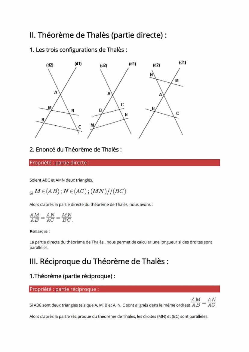 COUR DE 3eme
Le théorème de Thalès dans un cours de maths en 3ème faisant intervenir la partie directe et réciproque
ainsi que la notion de 