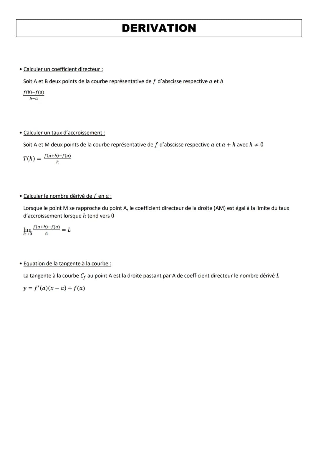 • Calculer un coefficient directeur :
Soit A et B deux points de la courbe représentative de f d'abscisse respective a et b
f(b)-f(a)
b-a
• 