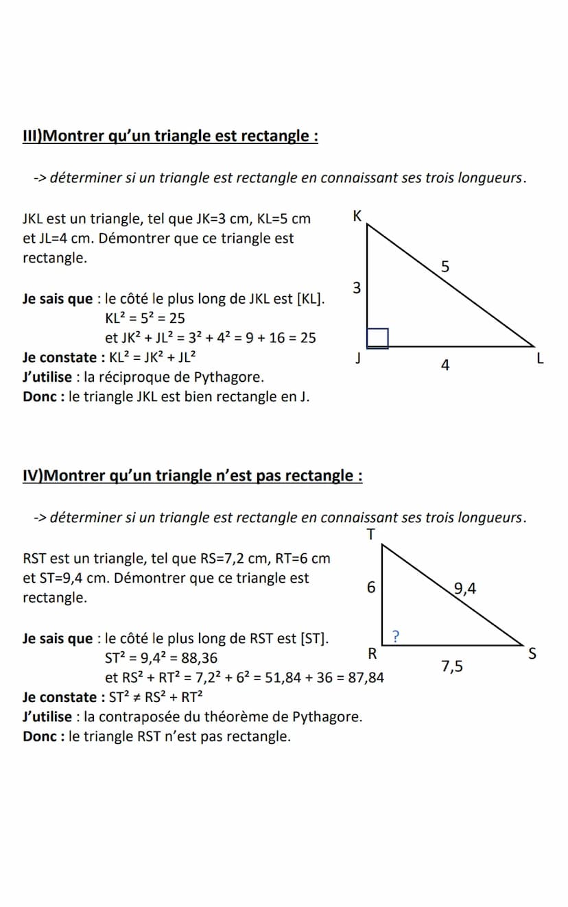 Théorème de Pythagore.
1)Calcul de l'hypoténuse :
-> trouver la longueur de l'hypoténuse.
JKL est un triangle rectangle en J, tel que
JK=6 c