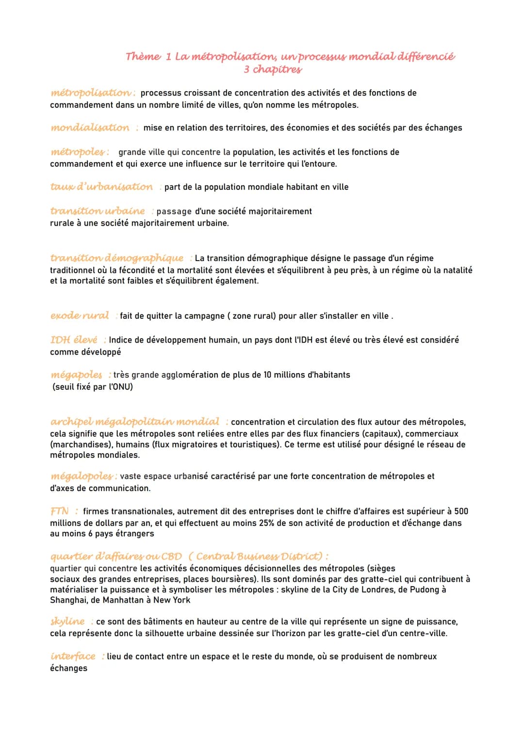 Thème 1 La métropolisation, un processus mondial différencié
3 chapitres
métropolisation processus croissant de concentration des activités 