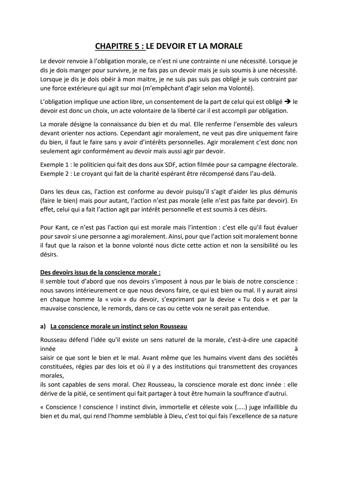 CHAPITRE 5 : LE DEVOIR ET LA MORALE
Le devoir renvoie à l'obligation morale, ce n'est ni une contrainte ni une nécessité. Lorsque je
dis je 