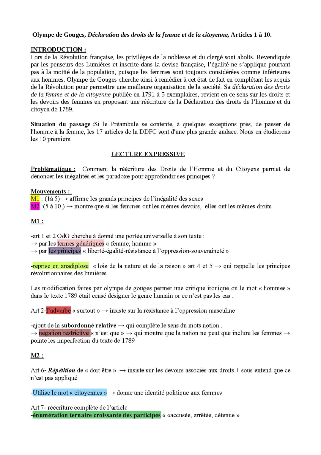 Analyse Linéaire Olympe de Gouges : Déclaration des Droits de la Femme et de la Citoyenne