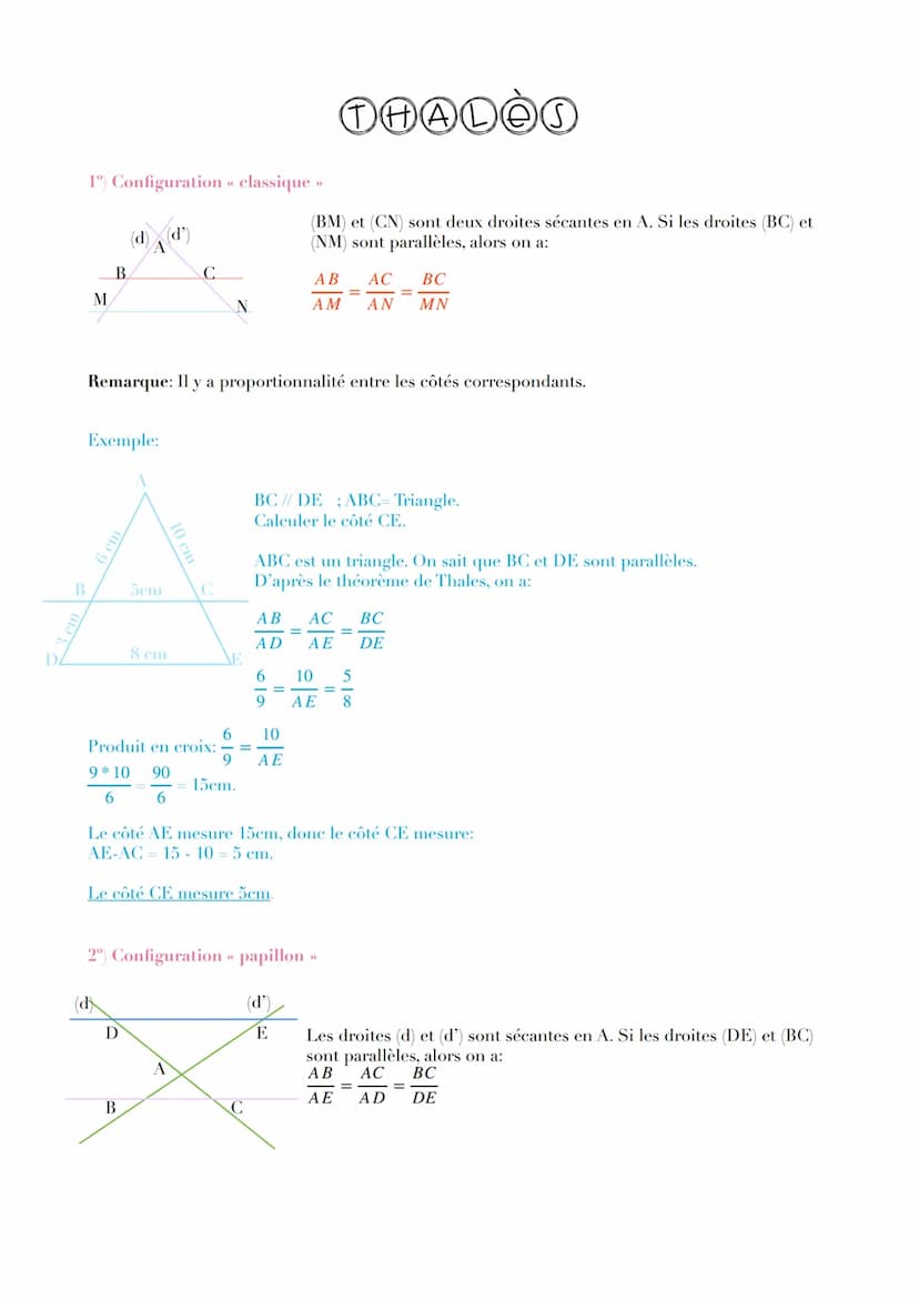 B
1°) Configuration << classique >>
M
B
(d)
Exemple:
5em
D
8 cm
B
Remarque: Il y a proportionnalité entre les côtés correspondants.
Produit 