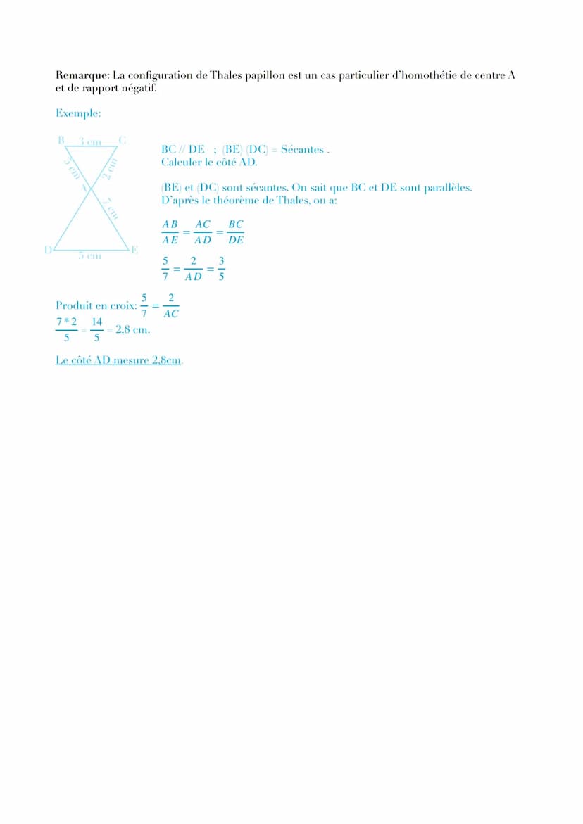 B
1°) Configuration << classique >>
M
B
(d)
Exemple:
5em
D
8 cm
B
Remarque: Il y a proportionnalité entre les côtés correspondants.
Produit 