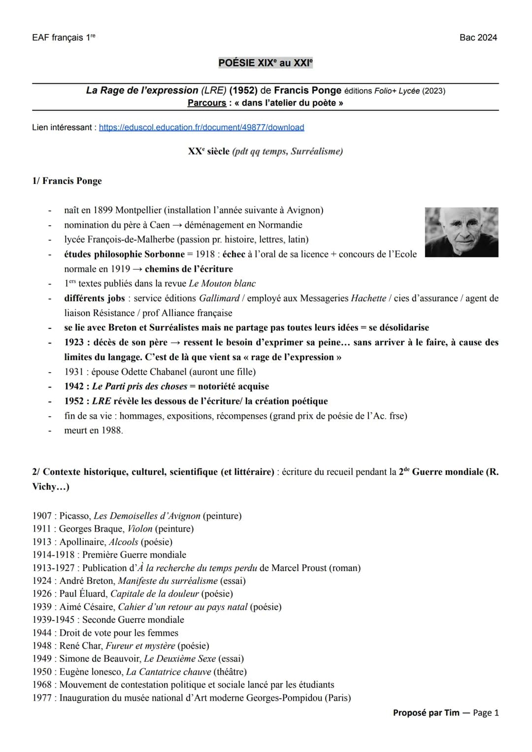 EAF français 1re
POÉSIE XIX au XXIⓇ
La Rage de l'expression (LRE) (1952) de Francis Ponge éditions Folio+ Lycée (2023)
Parcours : << dans l'