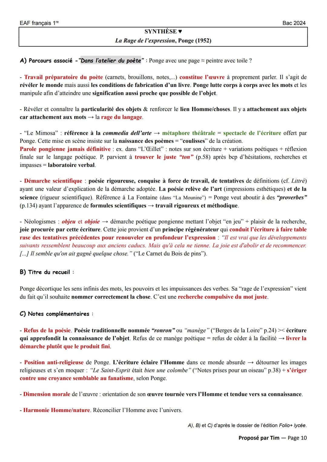 EAF français 1re
POÉSIE XIX au XXIⓇ
La Rage de l'expression (LRE) (1952) de Francis Ponge éditions Folio+ Lycée (2023)
Parcours : << dans l'