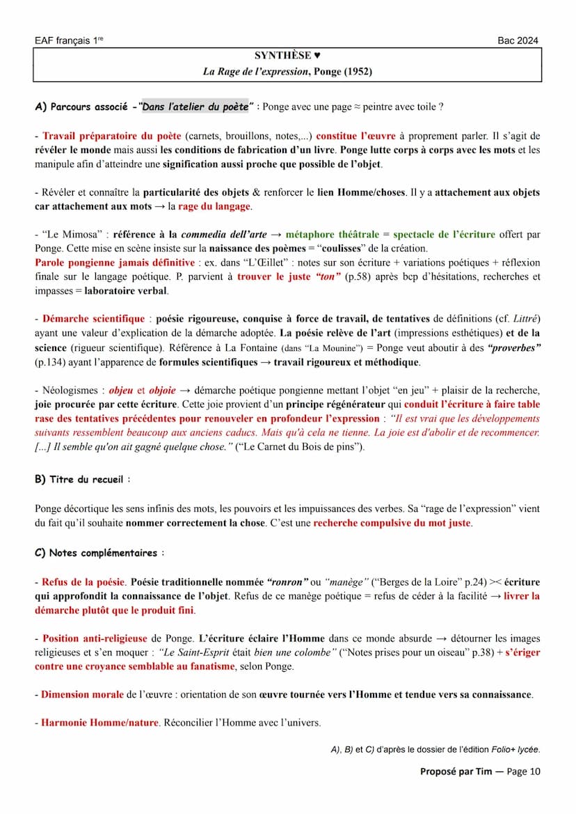EAF français 1re
POÉSIE XIX au XXIⓇ
La Rage de l'expression (LRE) (1952) de Francis Ponge éditions Folio+ Lycée (2023)
Parcours : << dans l'